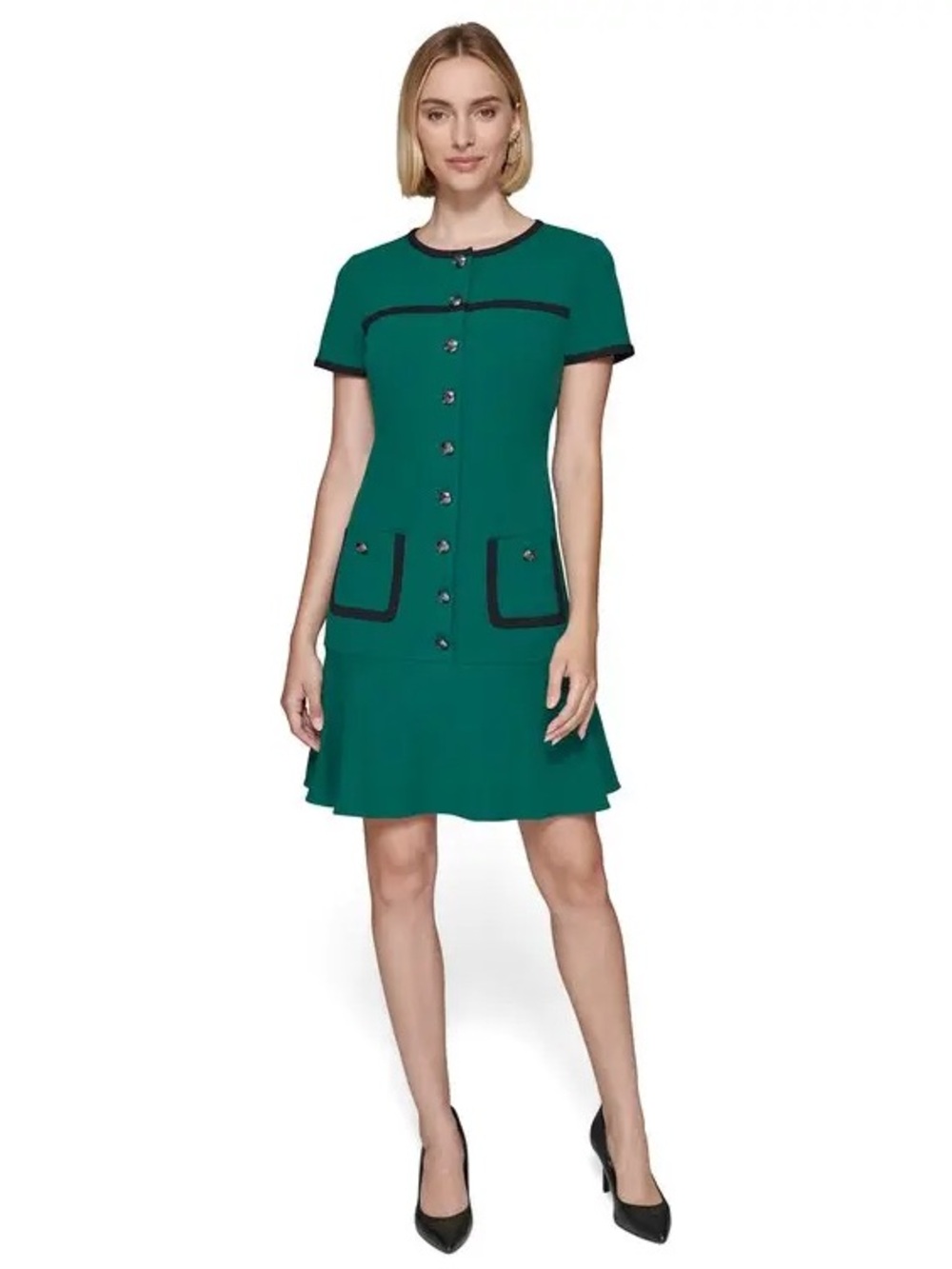 Karl Lagerfeld Paris Dress Women’s 8 Emerald Green Black Trim Button Front
